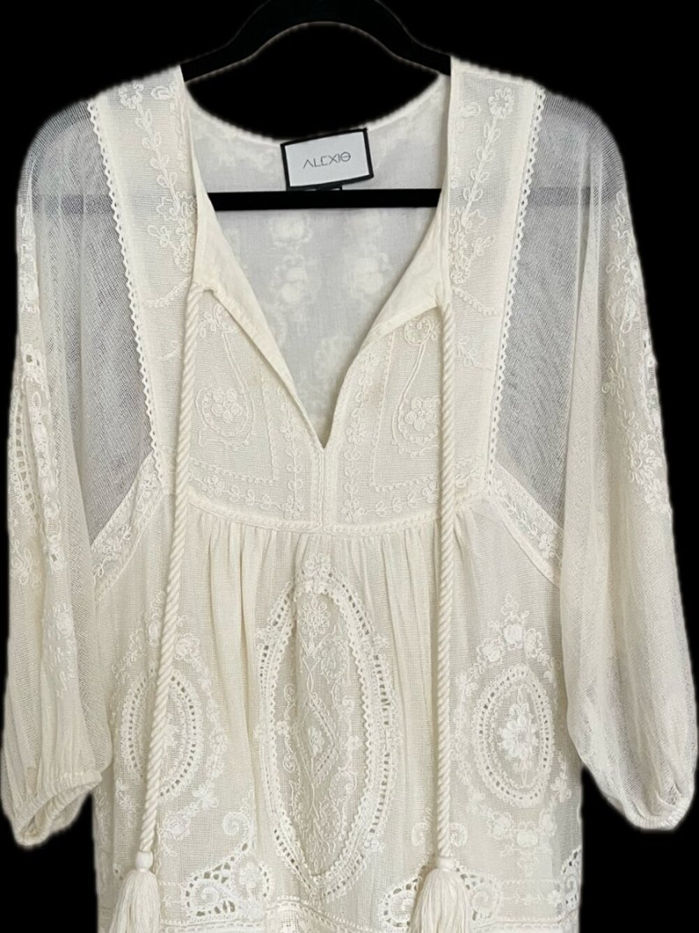 ALEXIS Ivory Embroidered Mesh Tassel Tunic Cover Up | Size Medium | Boho Resortw